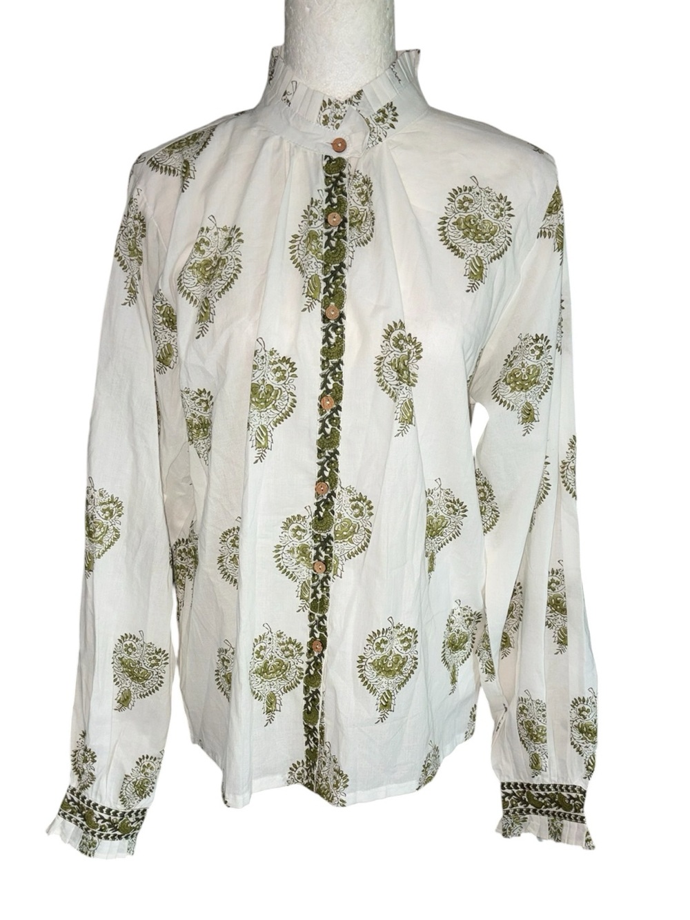 The Roots White Olive Green Floral Block Print Ruffle Button Down Blouse  L / XL